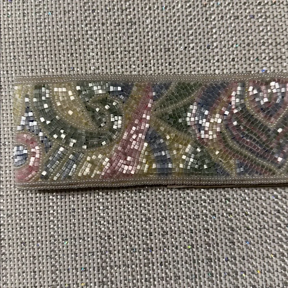 Vintage S Ivory Pink Green Yellow Blue Beaded Pastel Colored Wide Velcro Belt